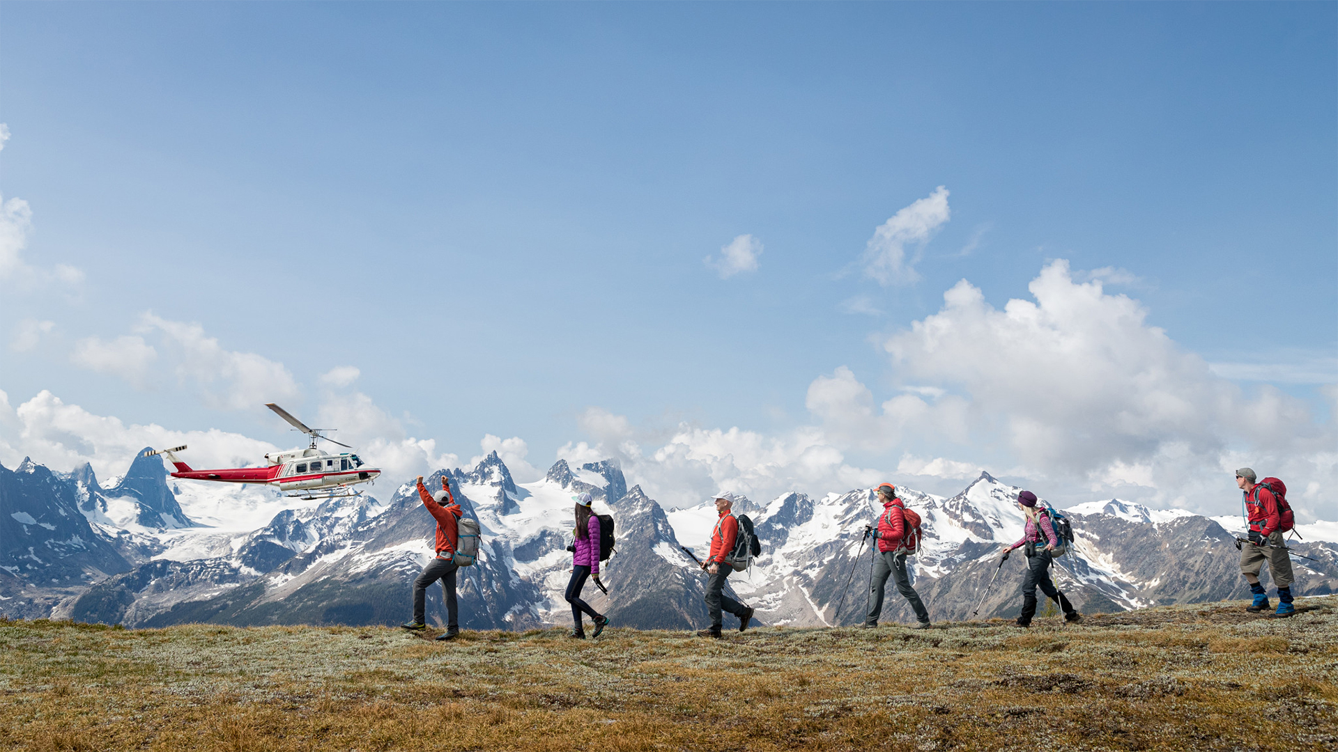 Nat Hab guests heli-hiking in the Canadian Rockies, Alberta.