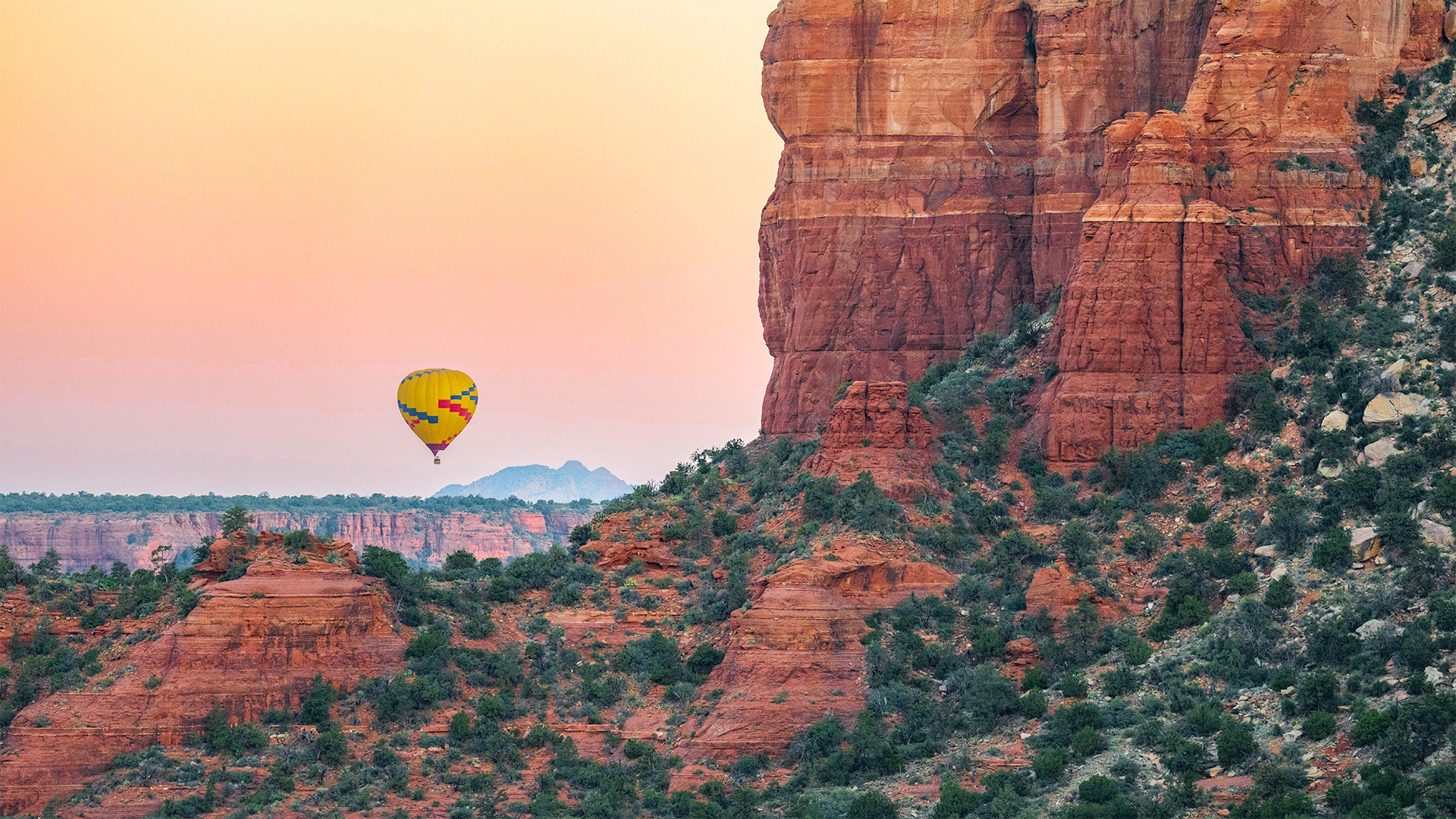 Arizona sunset, red rocks, hot air balloon